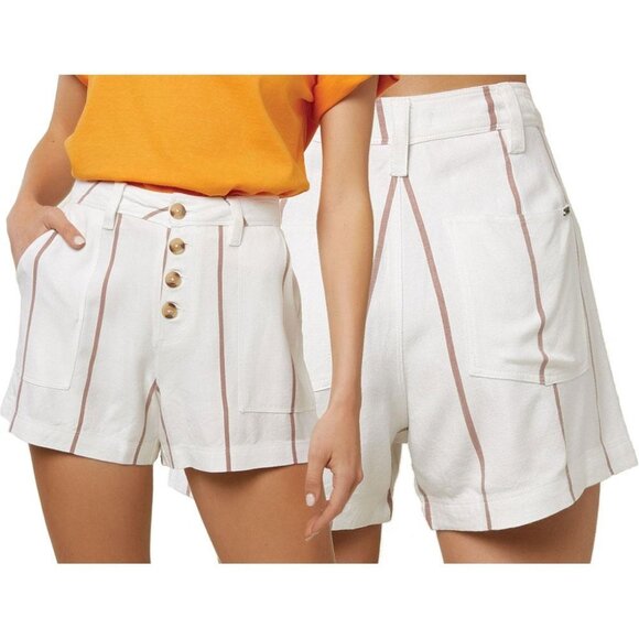 O'Neill Morris Shorts Sz 27 White Brown Striped Viscose Blend Button Up Shorts - Picture 2 of 10